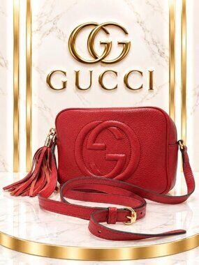 Authentic Gucci Soho Disco Leather Crossbody Bag GG Logo Tassel Gold Hardware